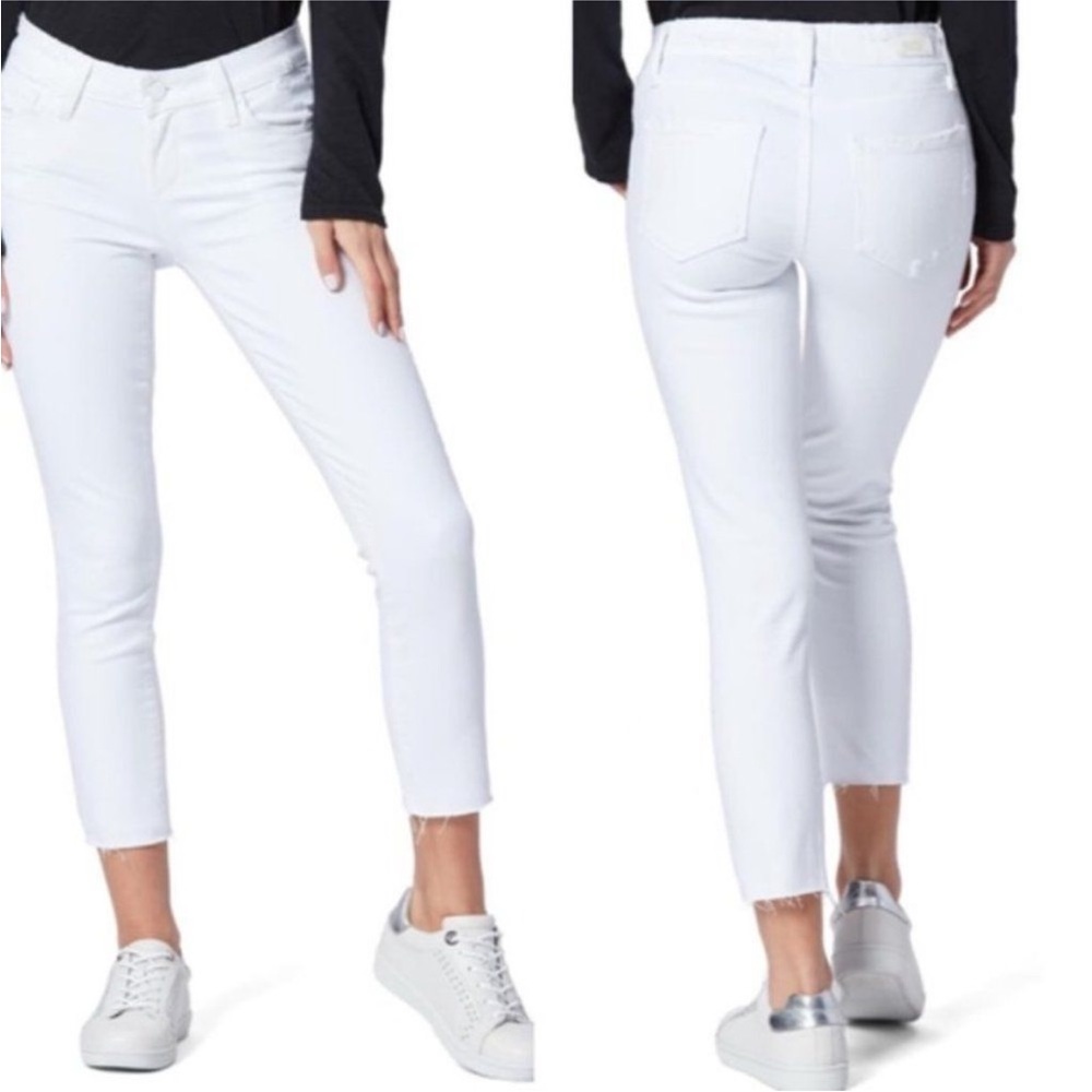Paige Skyline Crop Skinny Raw-Hem Jeans in Lived In Crisp White